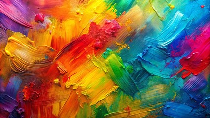 An abstract painting with bold strokes of color, showcasing a vibrant mix of yellow, red, blue, green, and purple hues, creating a dynamic and energetic composition.