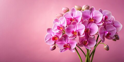 A bouquet of pink orchids with delicate petals and vibrant centers, arranged against a soft pink background, creating a captivating display of floral elegance.