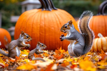 Generate a magical woodland scene with a family of squirrels gathering acorns near a large pumpkin patch, surrounded by bright orange and yellow leaves.