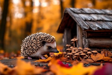 Generate a peaceful forest scene in warm autumn tones, with a hedgehog gathering mushrooms near a rustic wooden hut. The background is filled with golden trees, and the hedgehog is surrounded