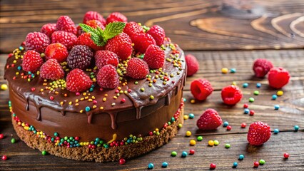 A delectable chocolate cake topped with fresh raspberries and colorful sprinkles, a tempting treat...