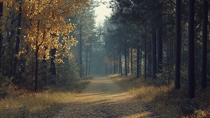 Serene forest path with autumn foliage.