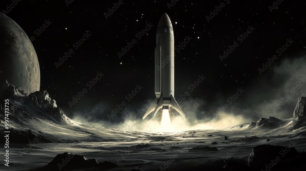 Poster a powerful rocket ignites its engines on the lunar surface, creating a plume of dust while earth loo