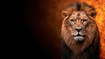 Fototapeta premium Majestic Lion Portrait with Fiery Background Power Strength Intensity Wildlife