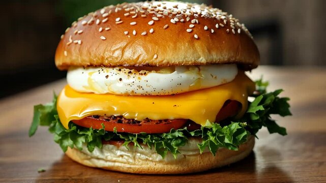 A delicious burger with a fried egg, cheese, and tomato on a sesame seed bun
