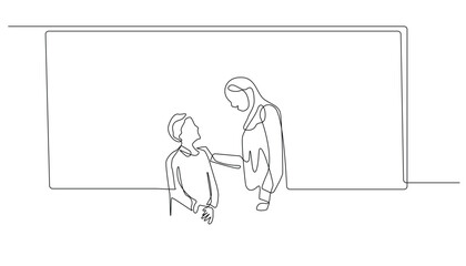 continuous line of teacher interacting with students.single line of students and teacher interacting in the classroom.education concept one line.back to school line art