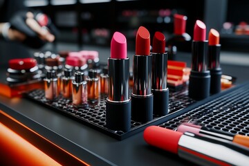 Hyper-realistic cosmetic customization bar, with customers creating custom lipstick shades, showing every detail of the pigments, tools, and packaging