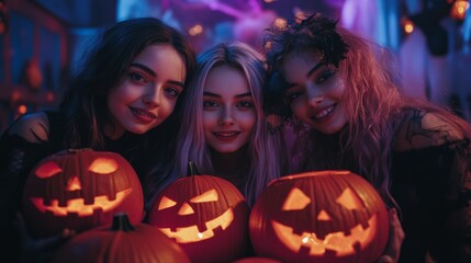 Halloween Celebrations with Witches and Pumpkins in an Autumn Forest Setting