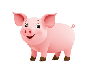 Cute cartoon pig with cheerful expression, standing happily. This adorable pink pig features large ears and curly tail, perfect for childrens illustrations or farm themed designs. 