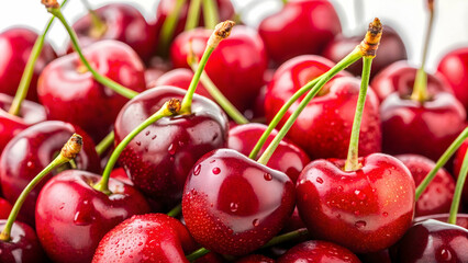 Close up of bright red cherries against a crisp white background, cherries, fruit, red, vibrant, fresh, juicy, delicious