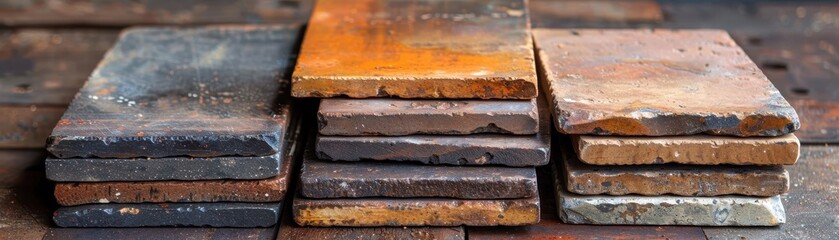 Three stacks of bricks with different shades of brown