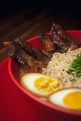 egg soup, noodles and meat