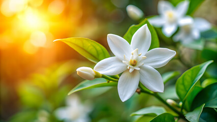 Obraz premium White jasmine flower in full bloom, radiating purity and serenity, jasminum officinale, white, floral, petals, fragrance, purity