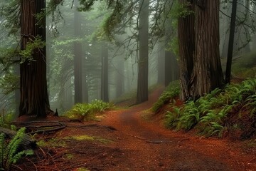 Obraz premium A forest path with trees and a foggy atmosphere