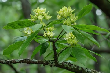 Obraz premium A tree with green leaves and flowers