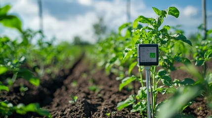 A close-up of a digital soil sensor analyzing the nutrient content in the field