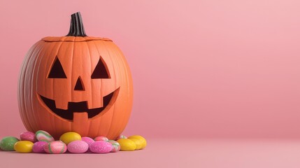 Fototapeta premium Halloween Pumpkin with Candy on Pink Background Festive Fall Decor