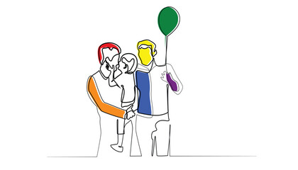 line art vector of LGBT life parenting together.LBGT couple playing outdoors with child.one line drawing vector illustration