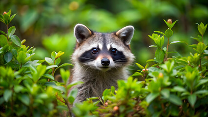 Playful raccoon peeking out from bushes in the forest, raccoon, wildlife, nature, animal, mammal, furry, cute, adorable