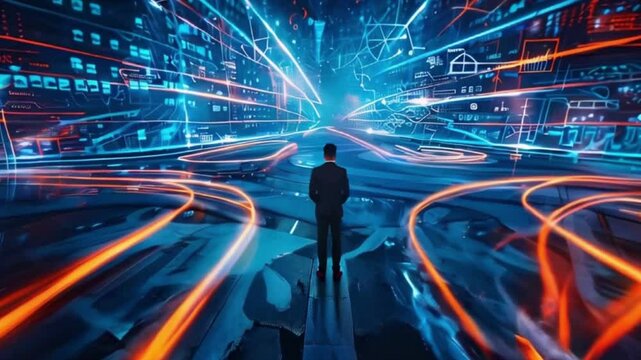 confused businessman thinking make decision on multiple route ahead, futuristic technology. make decision for career path or business growth concept