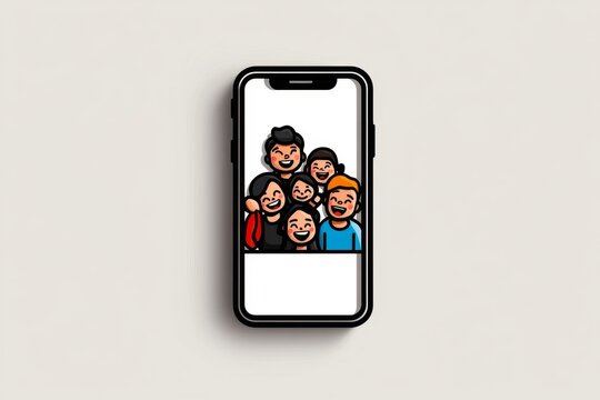 recommend clip art: Minimal selfie icon, showing a simple outline of a smartphone with a group of people smiling in clean, sleek lines