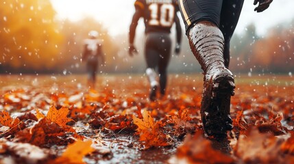 Autumn Football Scene with Fallen Leaves and Players