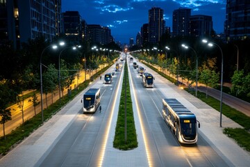 Net zero city infrastructure at night, with LED street lights, electric public transport, and energy-efficient buildings all contributing to a carbon-neutral future