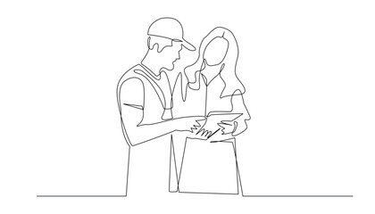 continuous line drawing of car mechanic discussing car breakdown with woman.one line drawing of mechanic giving information to customer.one line vector illustration on white background