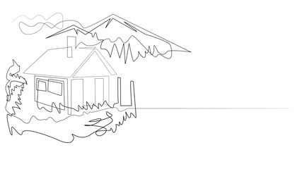 continuous line drawing of a village view. one line drawing of a house in the countryside. unique work of art, suitable for book covers, wallpaper, decoration, etc.