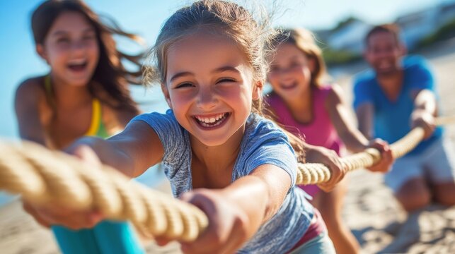 Family Fun Playing Tug of War on the Beach