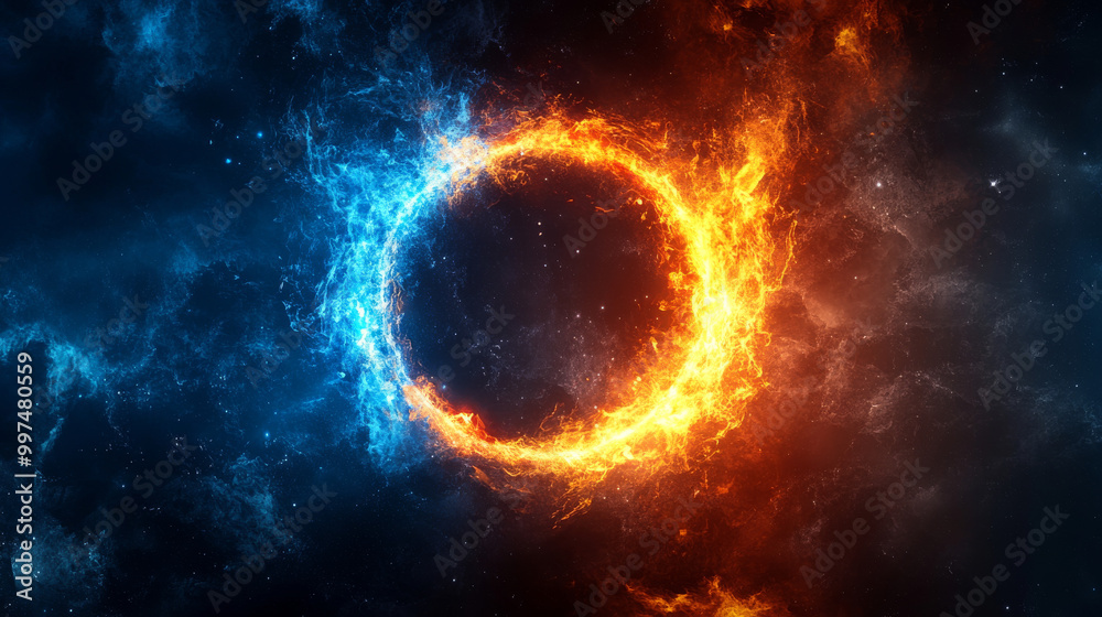 Fototapete a vibrant ring of fire and ice glows in the vast emptiness of space, a symbol of contrasting forces.