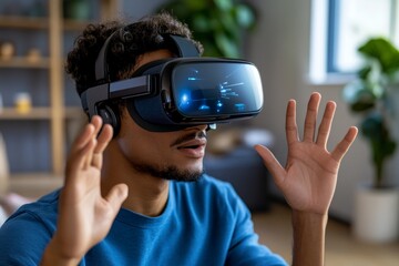Person using a VR headset in a living room, fully immersed in a virtual world with realistic gestures and movements