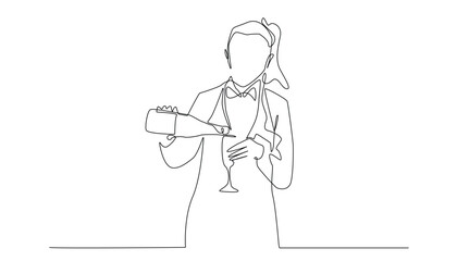 continuous line drawing of female waiter pouring drinks into glasses.one line drawing of woman cafe worker,pouring wine for customers.one line vector illustration