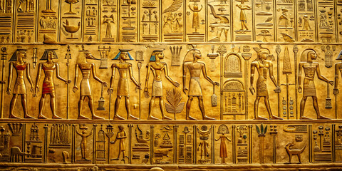 Golden Egyptian hieroglyphs on ancient wall , ancient, Egyptian, hieroglyphs, script, symbols, history