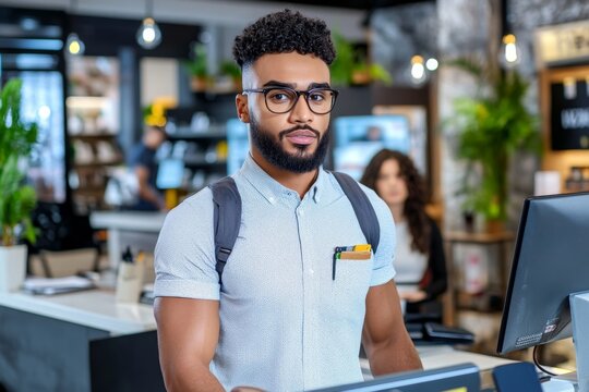 Retail manager listening to a customerâ€™s complaint, standing behind the service counter with a calm and professional demeanor