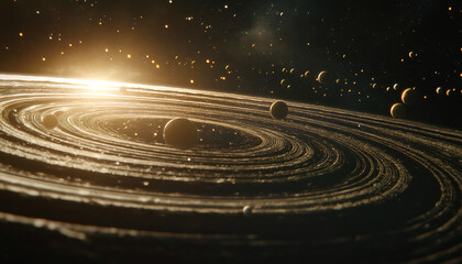 Obraz premium A detailed view of distant planets, with rings and moons set against a starry backdrop, creating a cosmic wonder