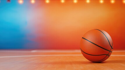Obraz premium Basketball on Court with Colorful Background and Lights