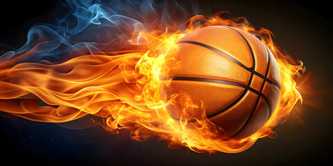 Abstract image of a glowing ball burning on fire in orange flames representing the excitement of competitive basketball