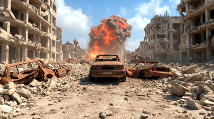 Fototapeta premium Post Apocalyptic Cityscape with Explosion Ruined Buildings and Abandoned Cars