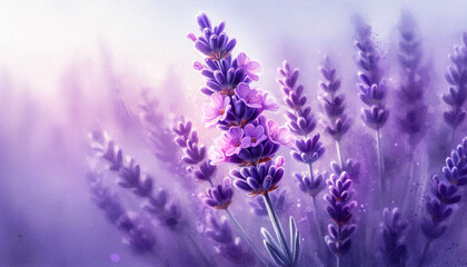 Fototapeta premium Closeup view of beautiful lavender flowers blooming in blurred soft watercolor type background, copy space 