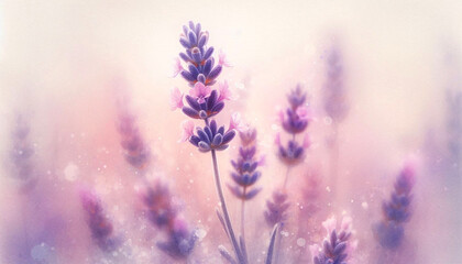 Closeup view of beautiful lavender flowers blooming in blurred soft watercolor type background, copy space 