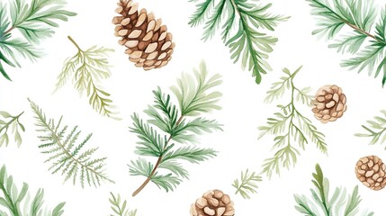 Botanical pattern featuring pinecones and greenery.
