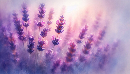 Obraz premium Closeup view of beautiful lavender flowers blooming in blurred soft watercolor type background, copy space 
