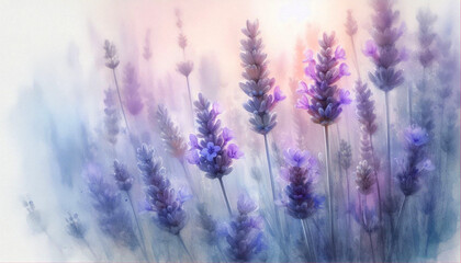 Obraz premium Closeup view of beautiful lavender flowers blooming in blurred soft watercolor type background, copy space 