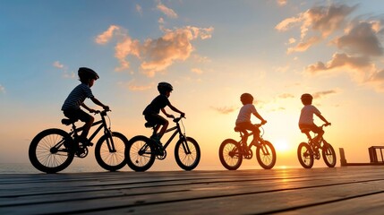 Families Enjoying Bicycle Ride at Sunset by the Coast
