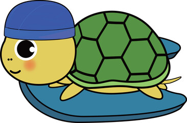 ビート板に乗る可愛いスイマーの可愛い・ゆるい亀のキャラクターイラスト