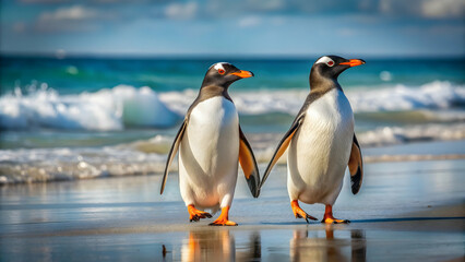 Fototapeta premium Pair of Gentoo penguins walking on sandy beach, Gentoo penguins, wildlife, walking, ocean, beach, cute, animals