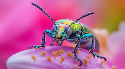 Naklejka premium A Vibrant Green Beetle on a Pink Petal