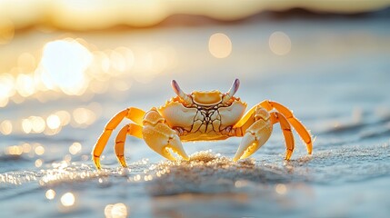 A Close-Up of a Crab on a Sandy Beach at Sunset
