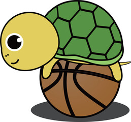 バスケットボールと可愛い・ゆるい亀のキャラクターイラスト